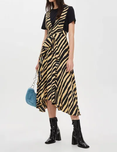 Topshop Zebra Print Striped Pinafore V Neck Dress In Brown