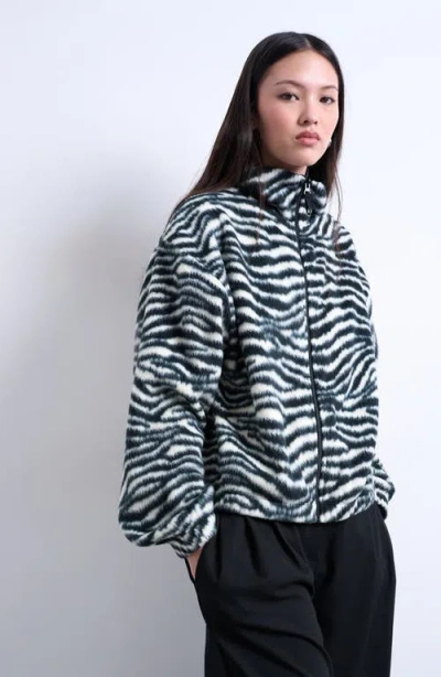 Topshop Borg Zebra Print Zip Through Fleece In Black