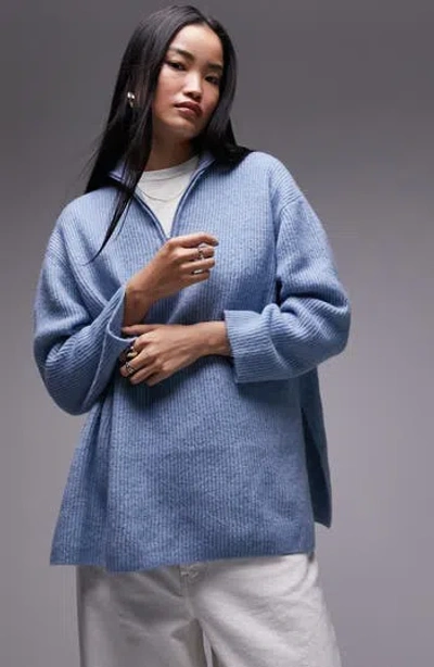 Topshop Zip Up Funnel Neck Sweater In Light Blue