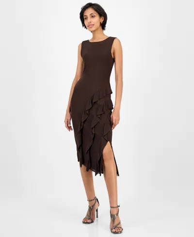 Topson Downs Tinsel Women's Round-neck Printed Asymmetric-ruffle Dress