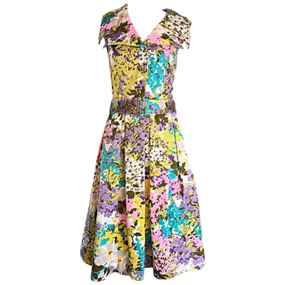 Pre-owned Tori Richard 1960s Flower Printed Vintage Hawaiian 60s Belted Shirt Dress In Sand