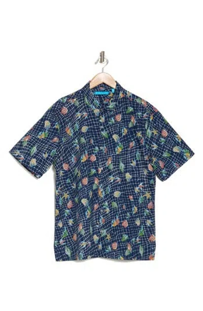 Tori Richard Catch All Tropical Print Short Sleeve Button-up Shirt In Navy