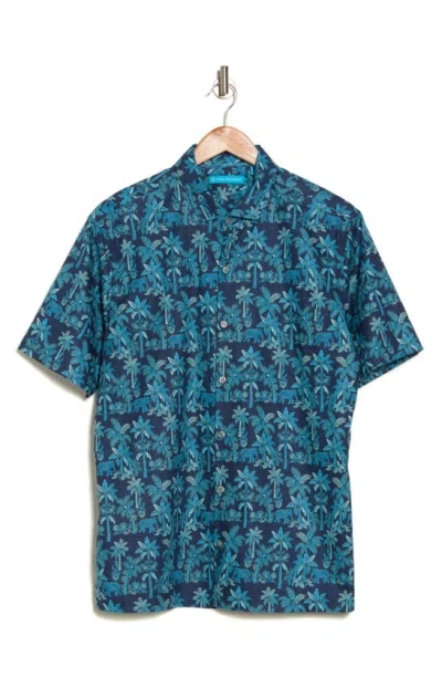 Tori Richard Tusk And Palm Print Cotton Short Sleeve Button-up Shirt In Navy