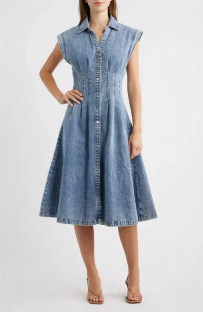 Torn By Ronny Kobo Edie Pleat Waist Denim Shirtdress In Blue