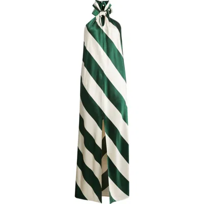 Torn By Ronny Kobo Vega Stripe Satin Halter Dress In Green