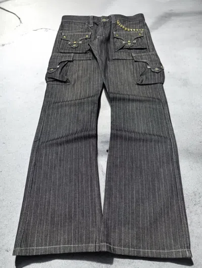Pre-owned Tornado Mart Studded Herringbone Cargo Flared Jeans Waist 30 In Black