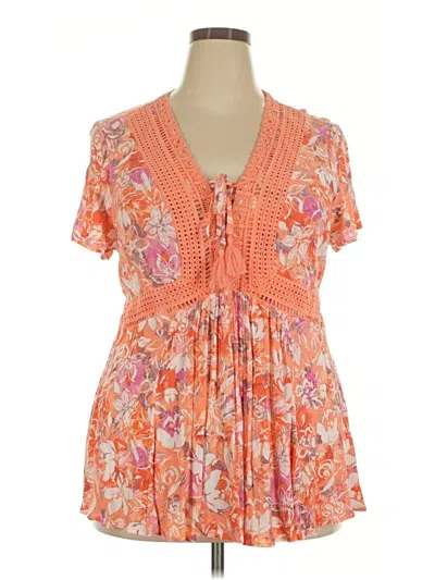 Pre-owned Torrid Short Sleeve Top Orange Plunge Neckline Tops