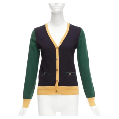 Pre-owned Tory Burch 100% Merino Wool Colorblocked Logo Button Cardigan Sweater M In Black