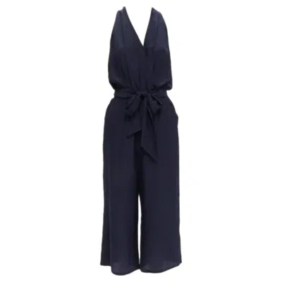 Pre-owned Tory Burch 100% Silk Navy V Neck Wide Leg Wrap Tie Wide Leg Jumpsuit Xs In Blue