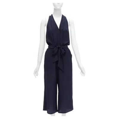 Pre-owned Tory Burch 100% Silk Navy V Neck Wide Leg Wrap Tie Wide Leg Jumpsuit Xs In Blue