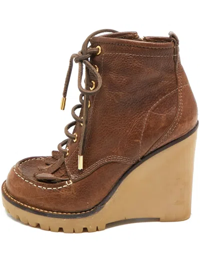 Pre-owned Tory Burch 110mm Fringed Lace-up Wedge Boots
