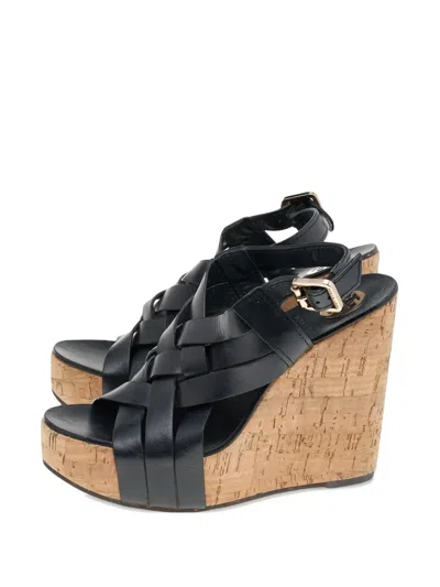 Pre-owned Tory Burch 125mm Leather Wedge Sandals In Black
