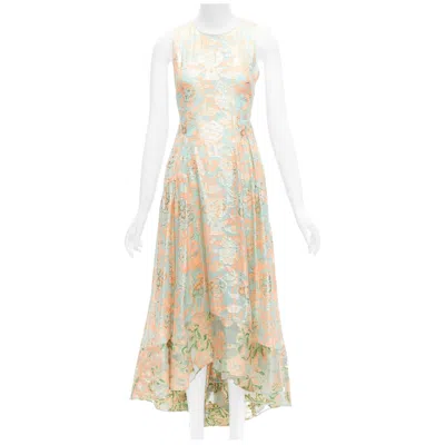 Pre-owned Tory Burch 2016 Runway Green Pink Metallic Silk Floral Lace Brocade Dress Us2 S