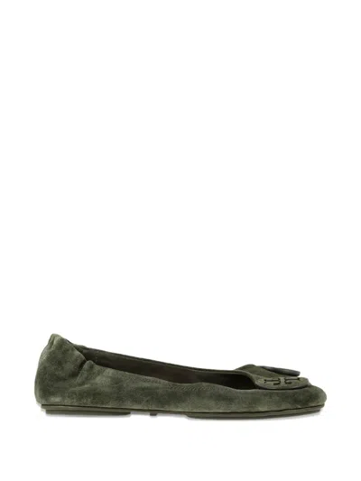 Pre-owned Tory Burch 2024 Minnie Travel Suede Ballet Flats In Green