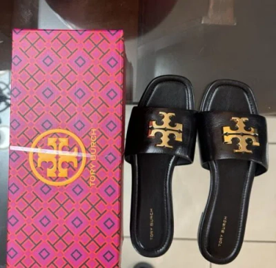 Pre-owned Tory Burch $298 Nwb  Eleanor Slide Goat Leather Gold Black Sandals Size 8