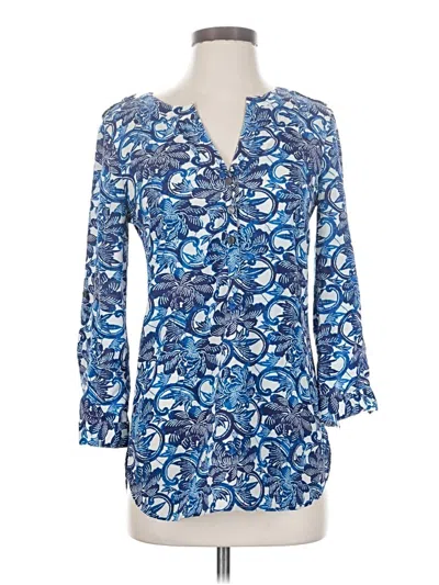 Pre-owned Tory Burch 3/4 Sleeve Silk Top Blue Graphic Pattern V-neck Tops