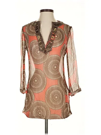 Pre-owned Tory Burch 3/4 Sleeve Silk Top Brown Plunge Neckline Tops