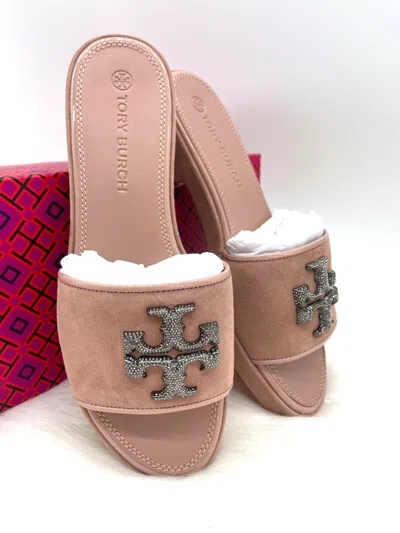 Pre-owned Tory Burch $348  Eleanor Crystal Double T Suede Sandals In Meadowsweet Sz 9.5