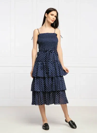 Pre-owned Tory Burch $358  Printed Ruffle Dress Polka Dot Smocked Midi Navy White Xs L