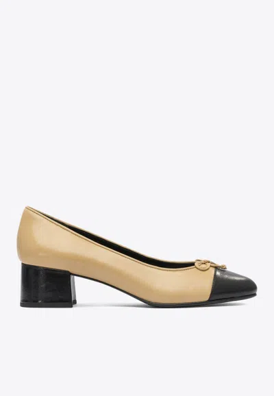 Tory Burch 45 Cap-toe Leather Pumps In Sand