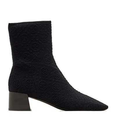 Tory Burch 45mm Monogram Knit Ankle Boots In Black
