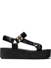 Tory Burch Round Toe Leather Platform Sandals With Ankle Strap In Black