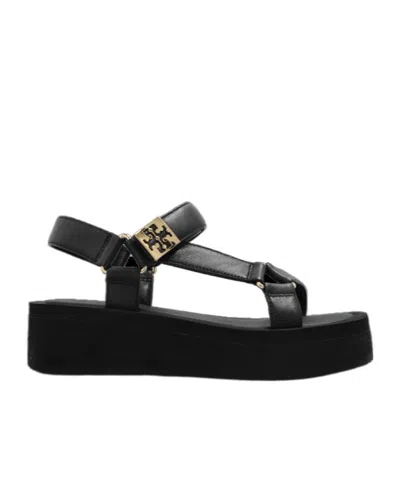 Tory Burch Round Toe Leather Platform Sandals With Ankle Strap In Black