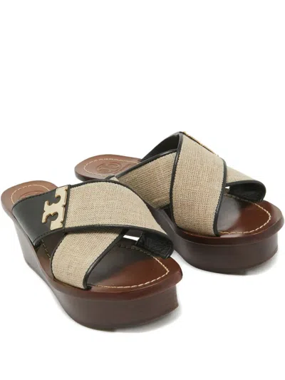 Pre-owned Tory Burch 55mm Cross-strap Wedge Sandals In Black