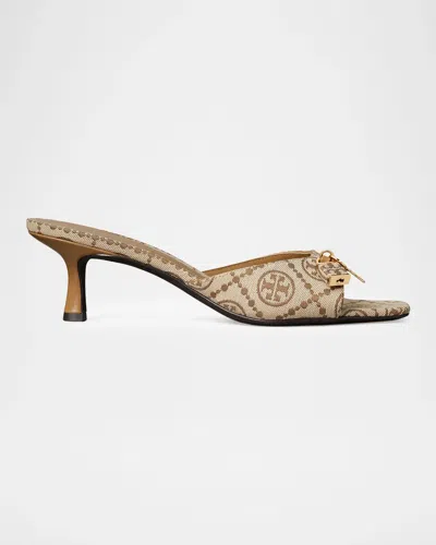 Tory Burch 55mm T Monogram Canvas Lock Mule Sandals In Hazel T Mo