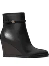 Tory Burch Leather Buckle Wedge Ankle Booties In Black