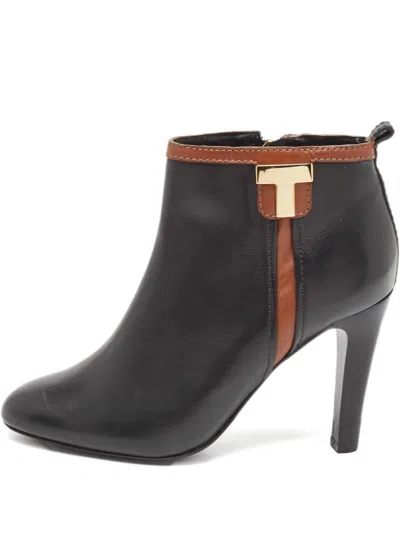 Pre-owned Tory Burch 85mm Double T Leather Ankle Boots In Black