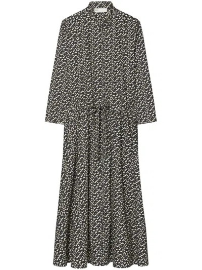 Tory Burch Long Printed Poplin Shirtdress In Nero