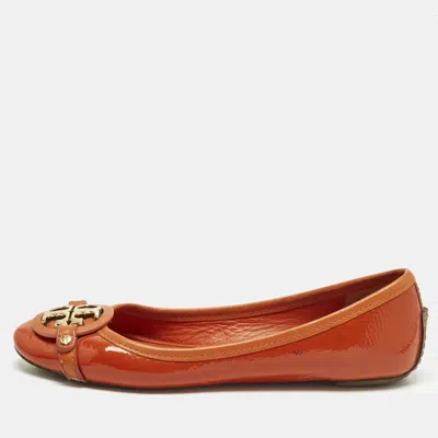 Pre-owned Tory Burch Aaden Size 37 Orange Patent Leather Logo Ballet Flats