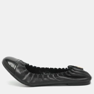 Pre-owned Tory Burch Abbey Size 38 Black Leather Scrunch Ballet Flats