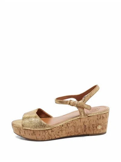 Pre-owned Tory Burch Abena Wedge Sandals In Gold