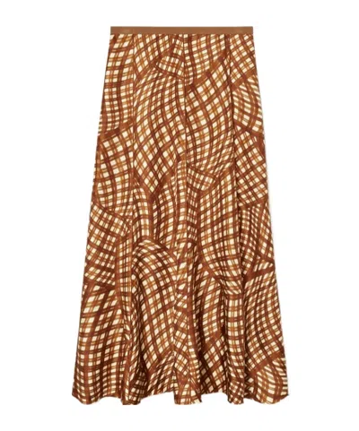Tory Burch Abstract-pattern Print Silk Pleated Skirt In Brown