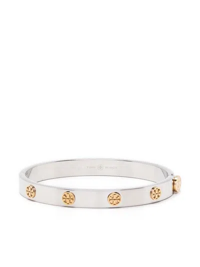 Tory Burch Silver And Gold-tone Miller Stud Hinge Bracelet In Grey