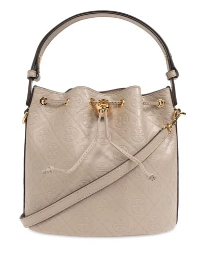 Tory Burch All-over-debossed Logo Bucket Bag In Neutrals