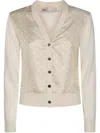 Tory Burch Silk And Wool Cardigan With Logos In 中性色