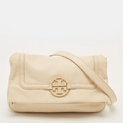 Pre-owned Tory Burch Amanda Foldover Cream Leather Crossbody Bag In White