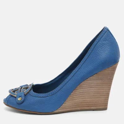 Pre-owned Tory Burch Amanda Size 41blue Leather Peep Toe Wedge Pumps