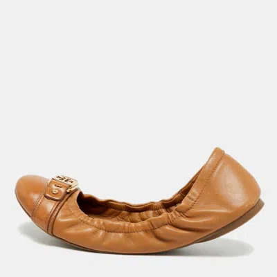 Pre-owned Tory Burch Ambrose Size 38.5 Brown Leather Scrunch Ballet Flats