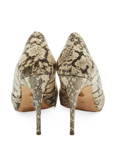 Pre-owned Tory Burch Amira Roccia Snakeskin-effect Open-toe Pumps In Neutral