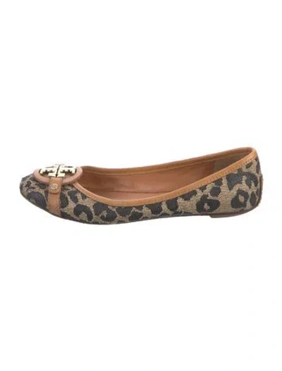 Pre-owned Tory Burch Animal Print Leather Trim Embellishment Ballet Flats In Brown