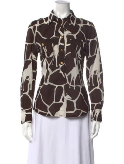 Pre-owned Tory Burch Animal Print Long Sleeve Button-up Top In Brown