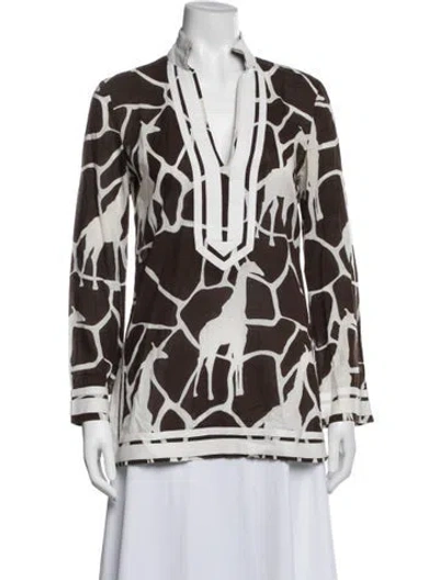 Pre-owned Tory Burch Animal Print V-neck Tunic In Brown