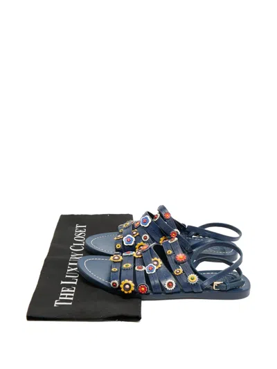 Pre-owned Tory Burch Ankle-wrap Floral Appliqués Sandals In Blue
