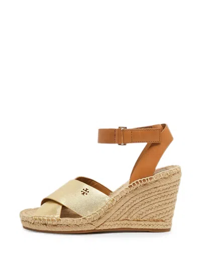 Pre-owned Tory Burch Ankle-strap Wedge Sandals In Gold