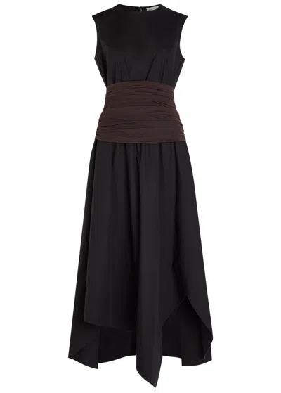 Tory Burch Asymmetric Stretch-cotton Poplin Midi Dress In Black