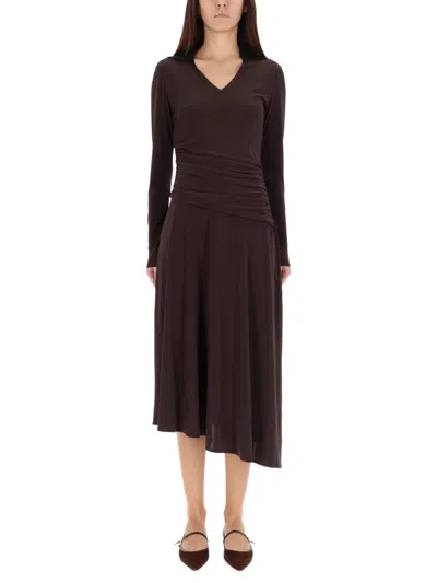 Tory Burch Asymmetrical Midi Dress With Collar In Brown